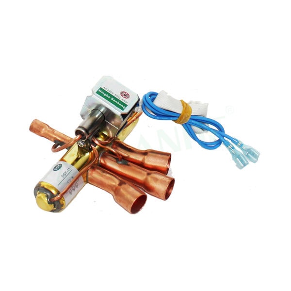 HVAC control valve with copper pipes and wiring kit for heating and cooling systems.